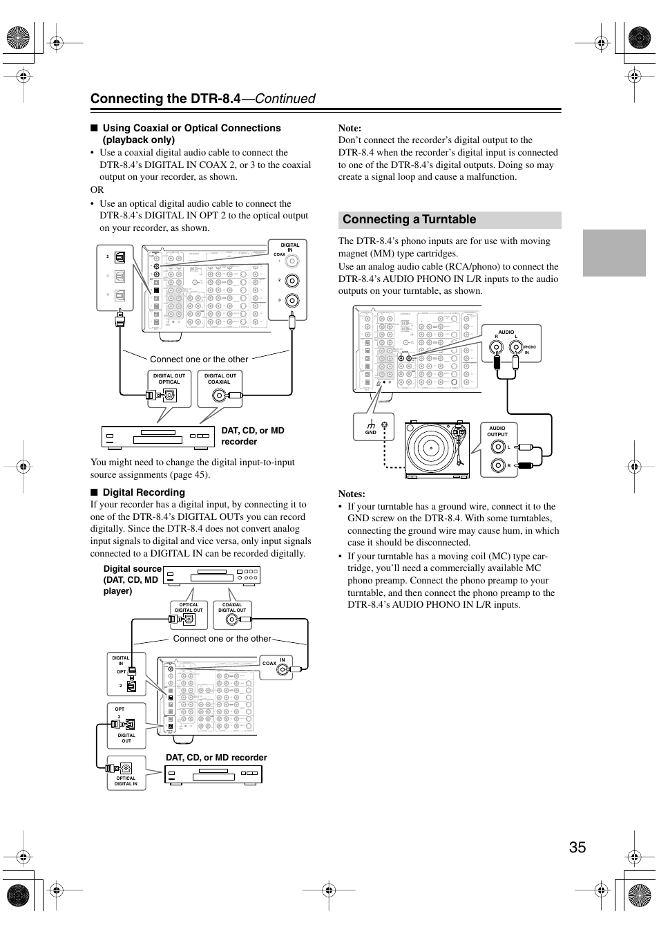 Connecting the dtr-8.4 —continued, Connecting a turntable, Dat, cd, or md recorder connect one or the other | Integra DTR-8.4 User Manual | Page 35 / 109