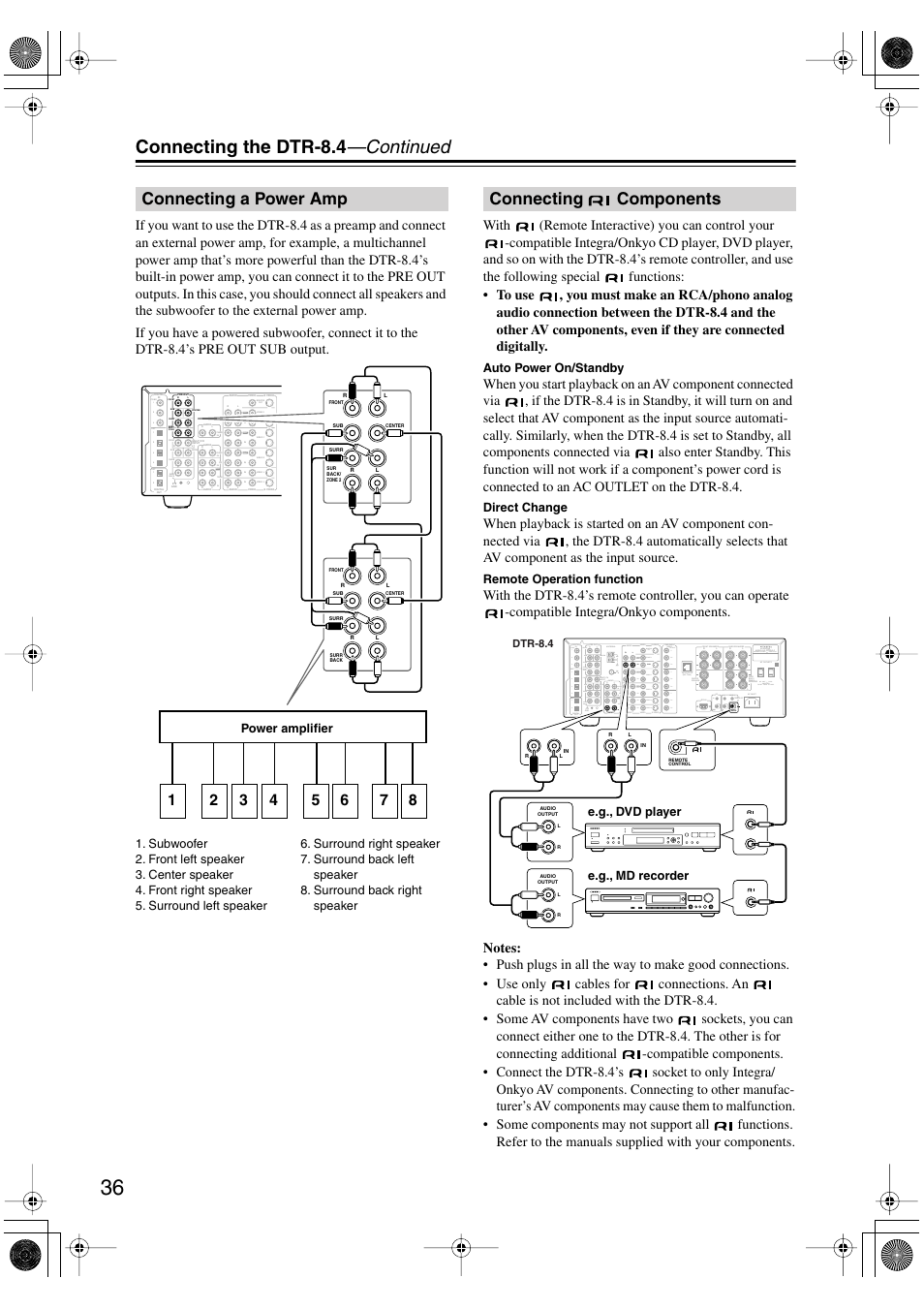 Connecting the dtr-8.4 —continued, Connecting a power amp, Connecting components | Surr speakers center speaker, Ac outlets av receiver model no | Integra DTR-8.4 User Manual | Page 36 / 109