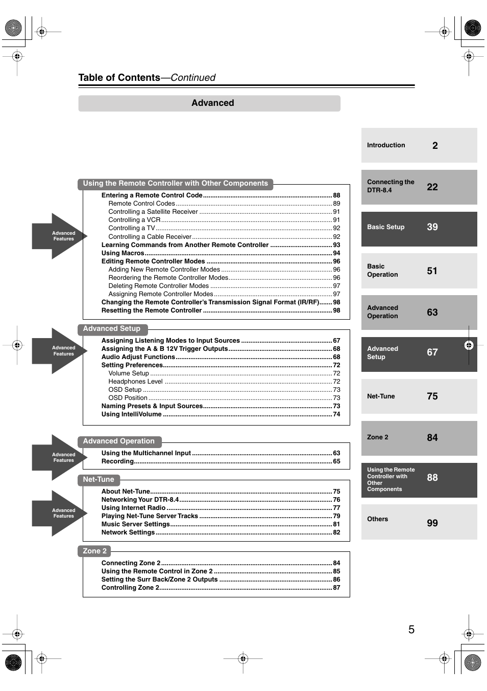 Table of contents —continued | Integra DTR-8.4 User Manual | Page 5 / 109