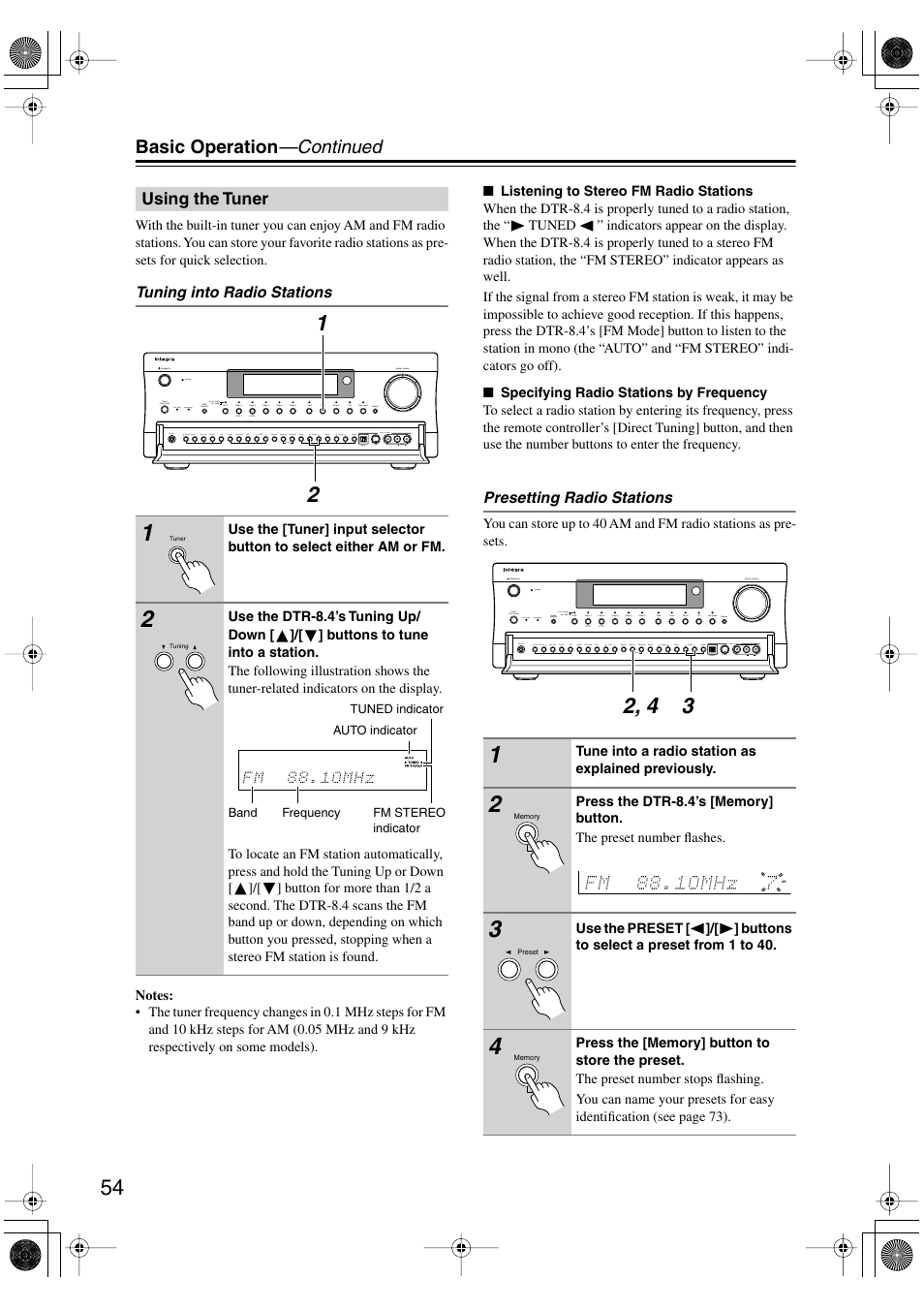 Basic operation —continued, Using the tuner, Tuning into radio stations | Presetting radio stations | Integra DTR-8.4 User Manual | Page 54 / 109