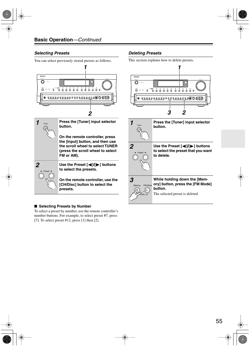 Basic operation —continued, Selecting presets, Deleting presets | Integra DTR-8.4 User Manual | Page 55 / 109