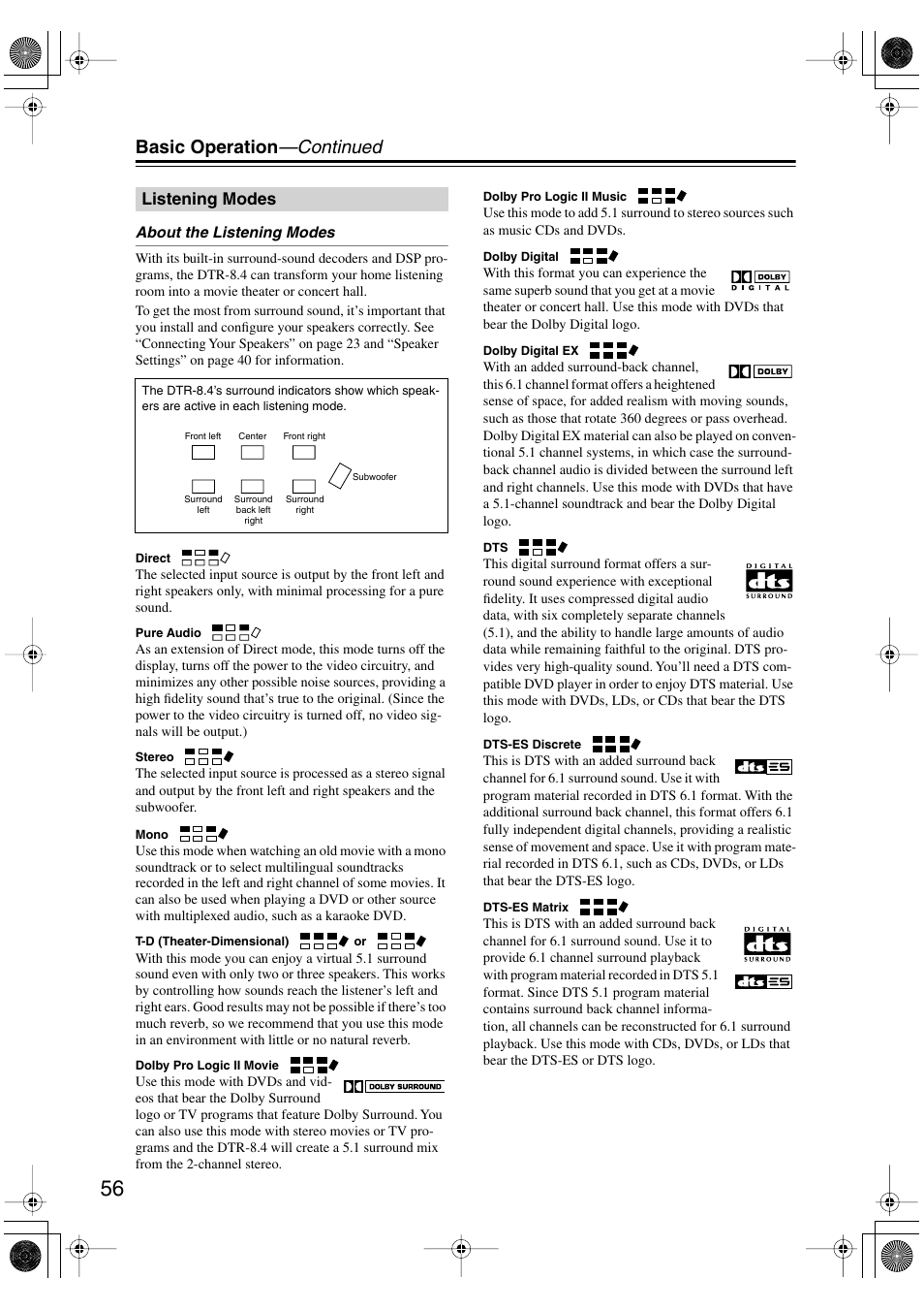 Basic operation —continued, Listening modes | Integra DTR-8.4 User Manual | Page 56 / 109