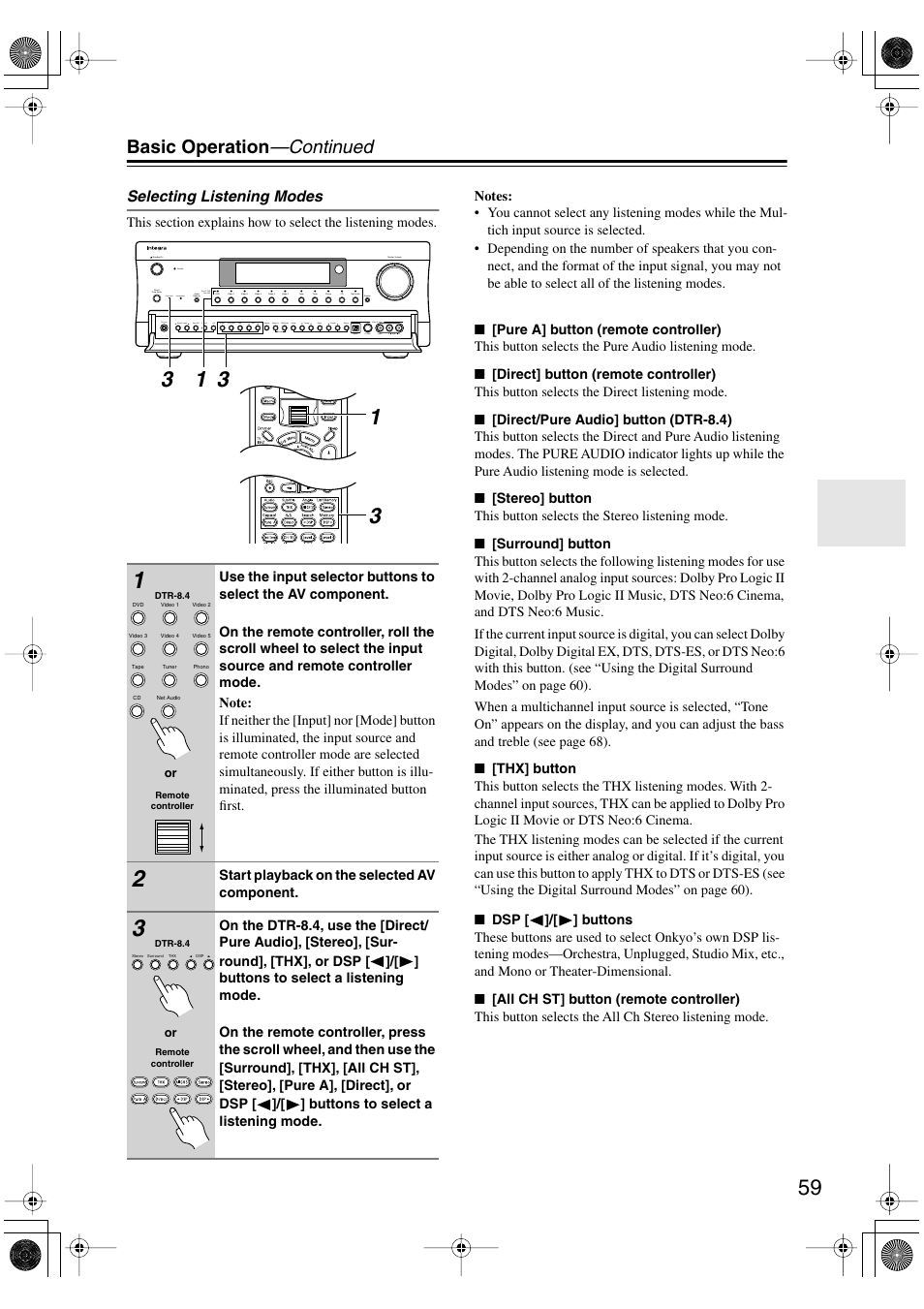 Basic operation —continued, Selecting listening modes | Integra DTR-8.4 User Manual | Page 59 / 109