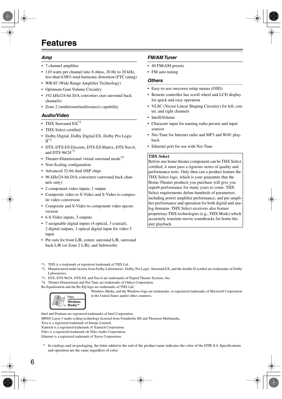 Features | Integra DTR-8.4 User Manual | Page 6 / 109