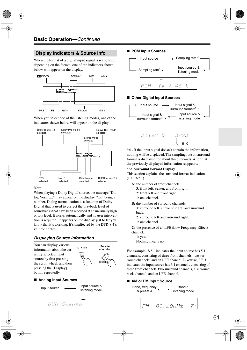 Basic operation —continued, Display indicators & source info | Integra DTR-8.4 User Manual | Page 61 / 109