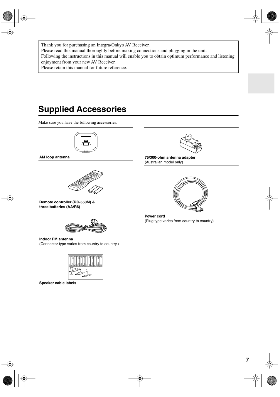 Supplied accessories, Make sure you have the following accessories, Speaker cable | Integra DTR-8.4 User Manual | Page 7 / 109