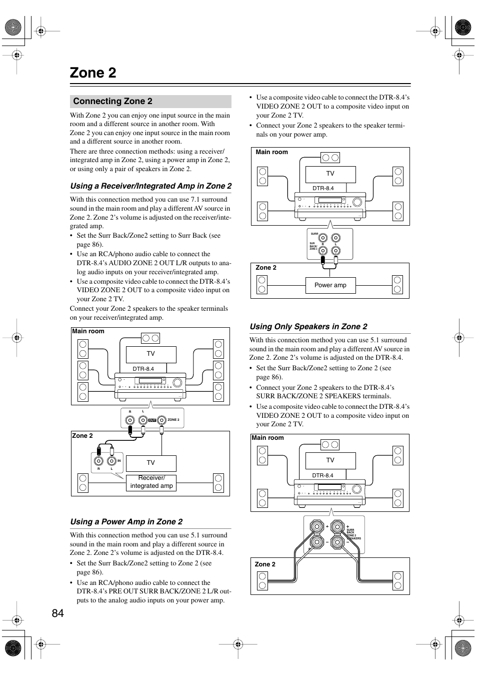 Zone 2, Connecting zone 2 | Integra DTR-8.4 User Manual | Page 84 / 109