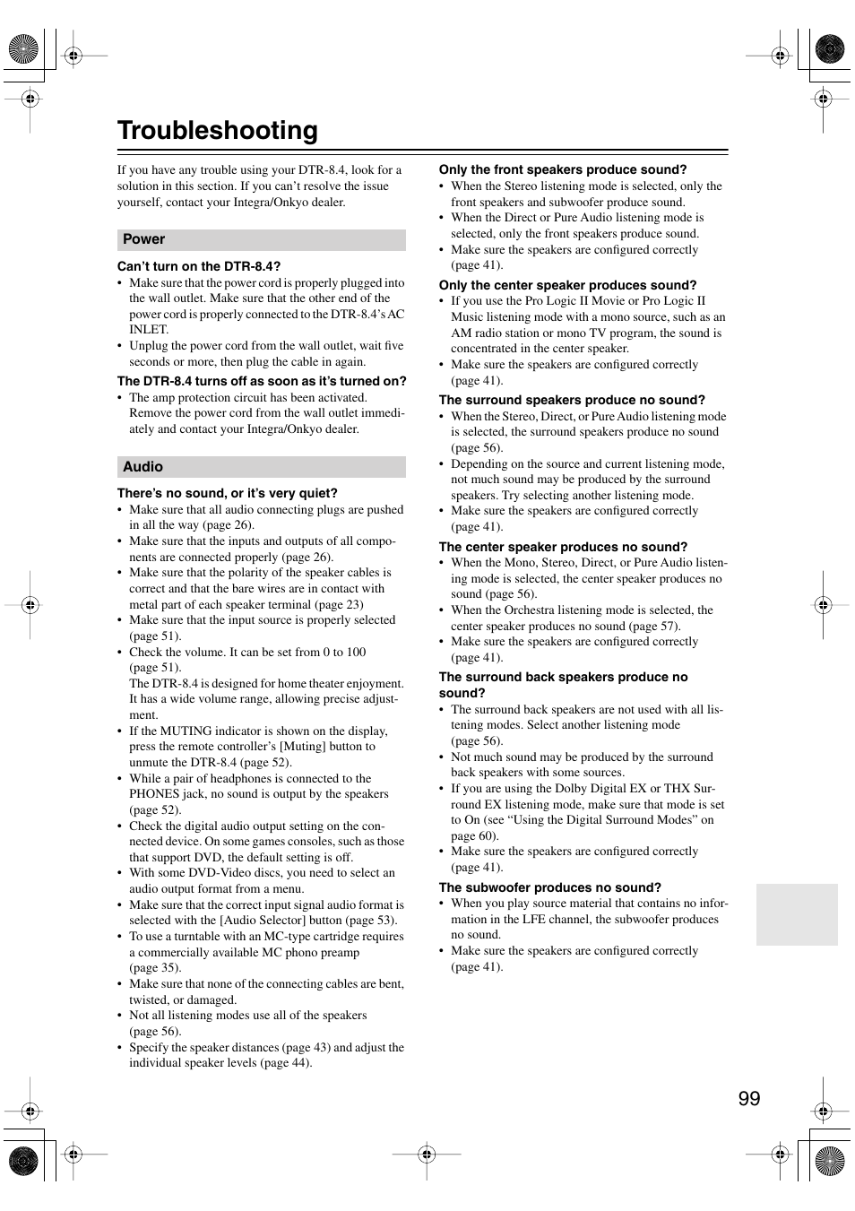 Troubleshooting | Integra DTR-8.4 User Manual | Page 99 / 109