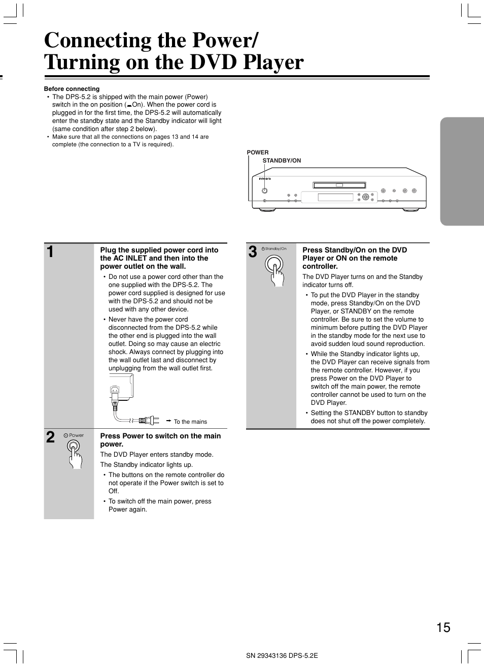 Connecting the power/ turning on the dvd player | Integra DPS-5.2 User Manual | Page 15 / 60