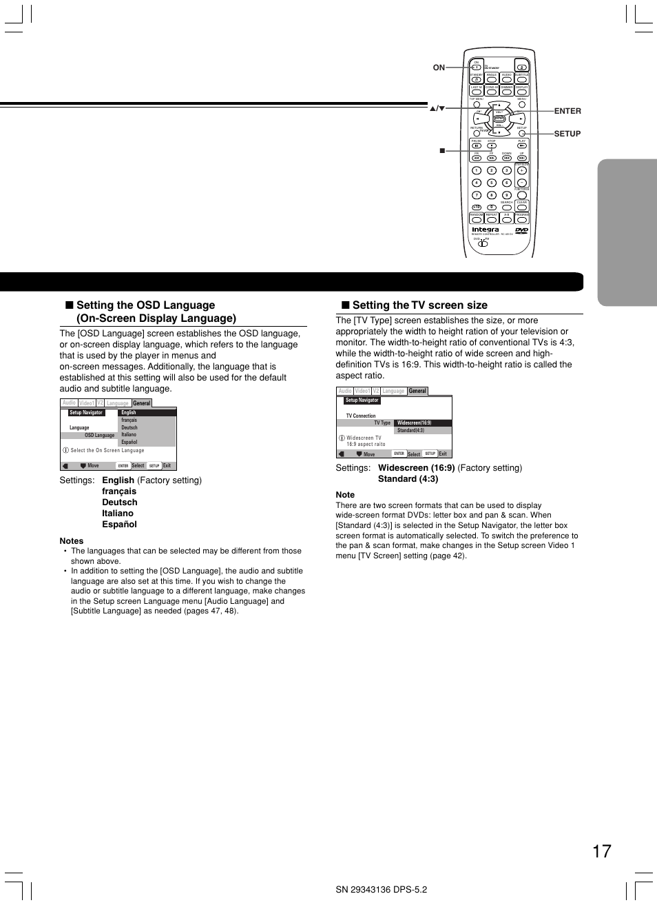 Setting the tv screen size, On setup enter 7 5 | Integra DPS-5.2 User Manual | Page 17 / 60
