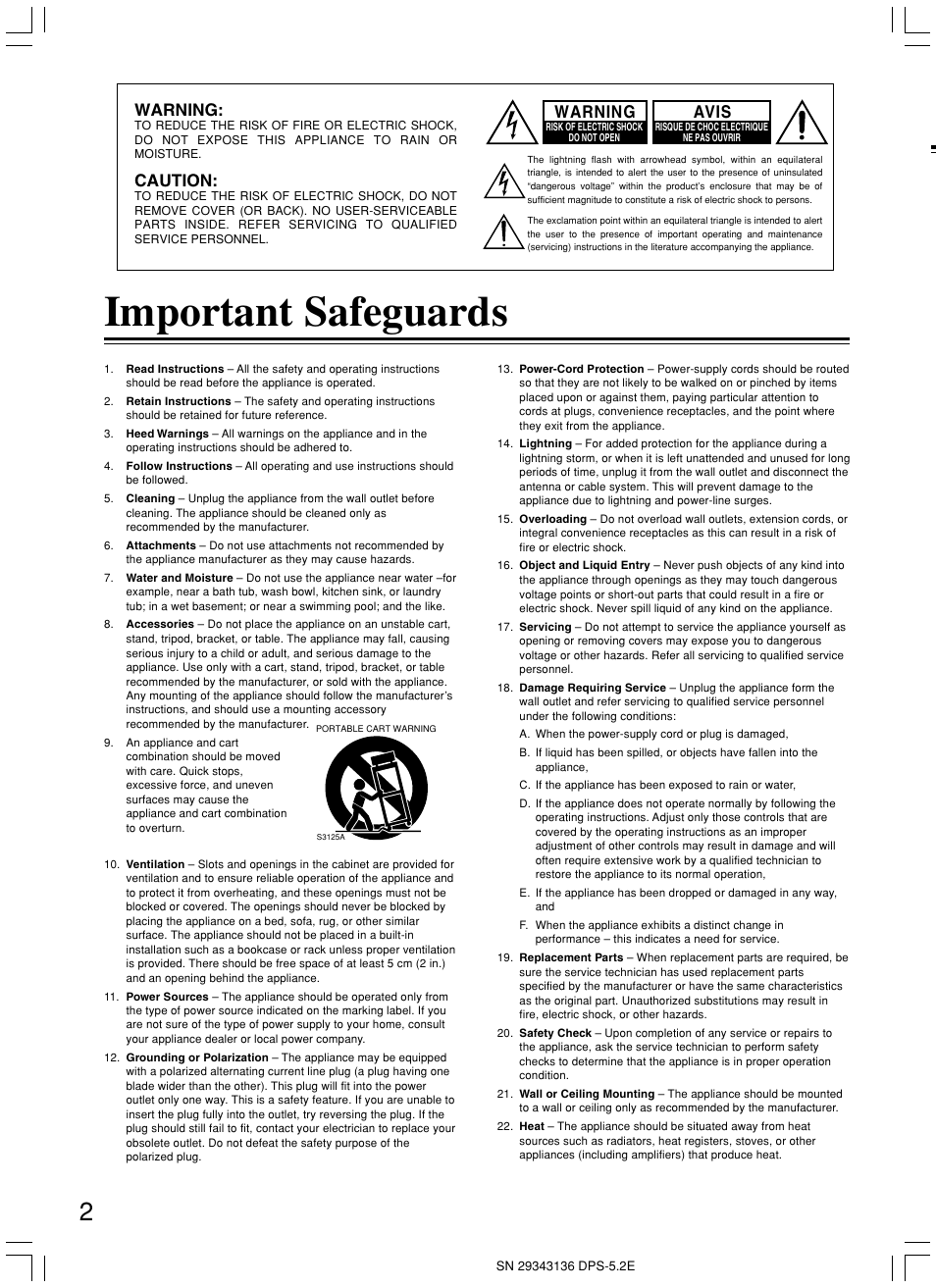 Important safeguards, Warning, Caution | Avis | Integra DPS-5.2 User Manual | Page 2 / 60