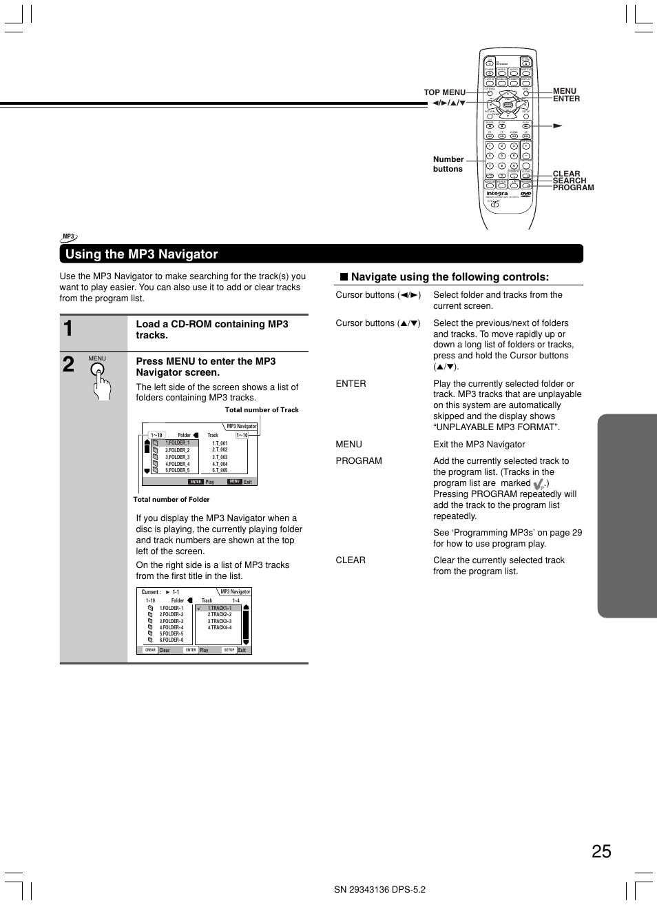 Using the mp3 navigator, Navigate using the following controls | Integra DPS-5.2 User Manual | Page 25 / 60