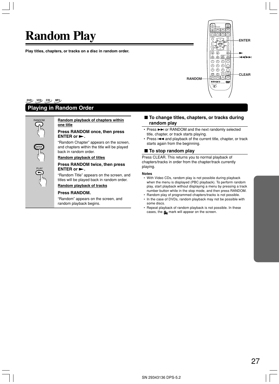 Random play, Playing in random order, Press random once, then press enter or | Press random twice, then press enter or, Press random | Integra DPS-5.2 User Manual | Page 27 / 60