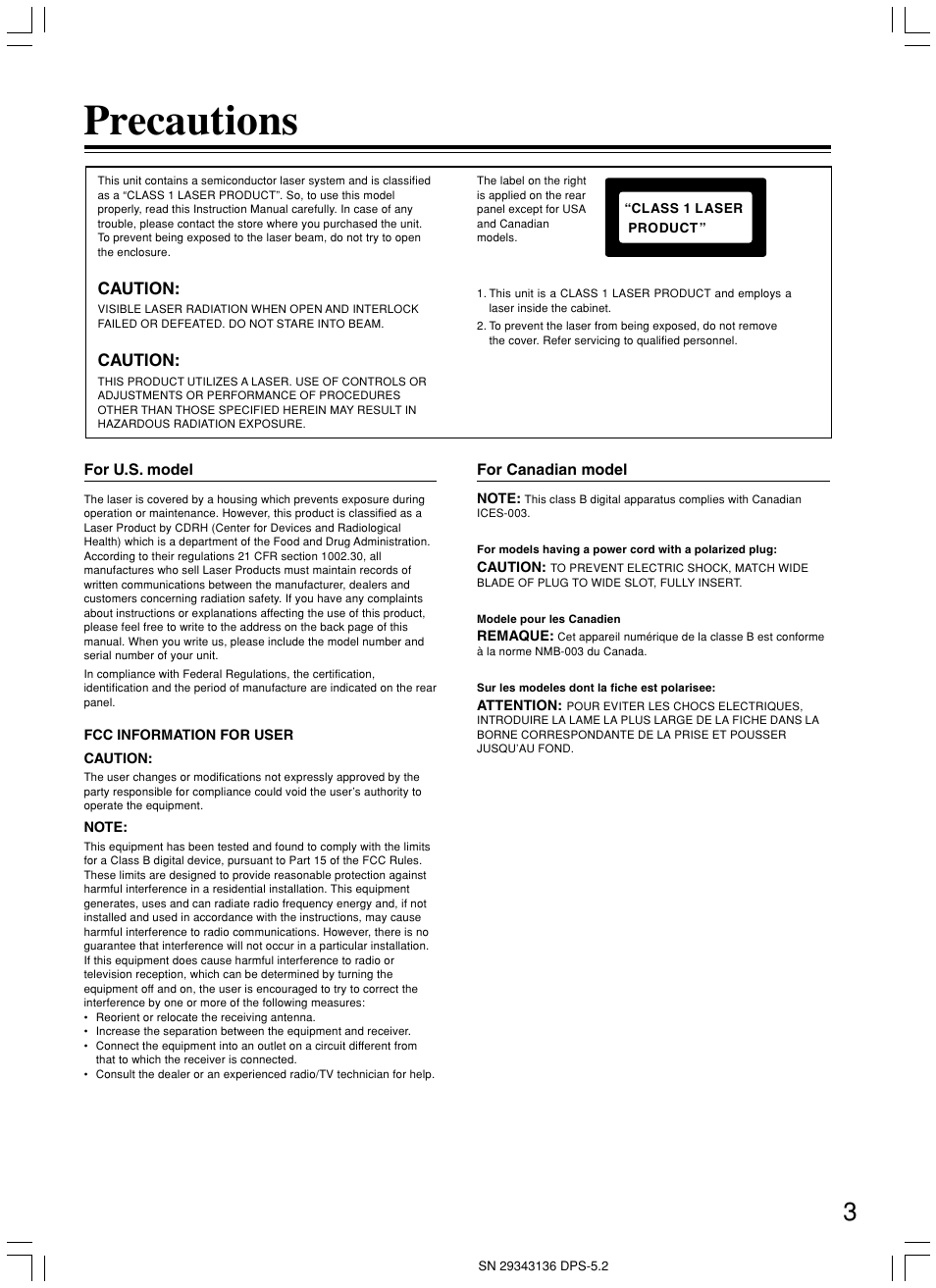 Precautions, Caution | Integra DPS-5.2 User Manual | Page 3 / 60
