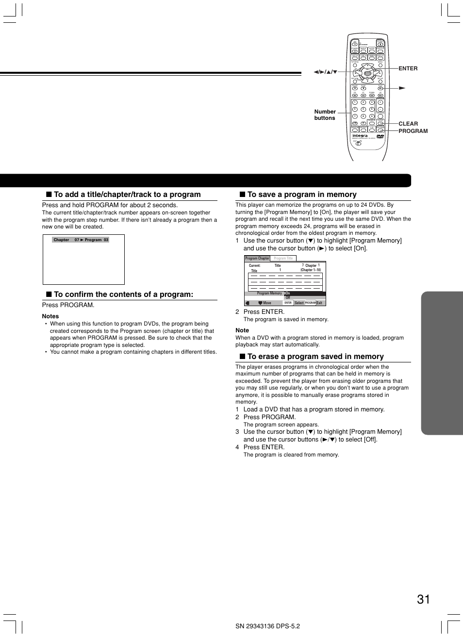 Press and hold program for about 2 seconds, Press program, 2 press enter | The program screen appears, 2 / 3 / 5 / ∞ £ clear enter program, Number buttons | Integra DPS-5.2 User Manual | Page 31 / 60