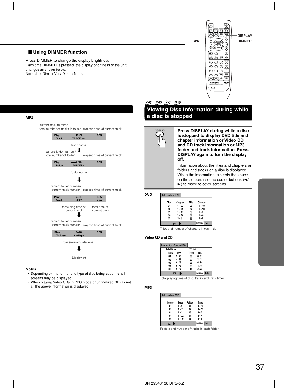 Using dimmer function, Press dimmer to change the display brightness | Integra DPS-5.2 User Manual | Page 37 / 60