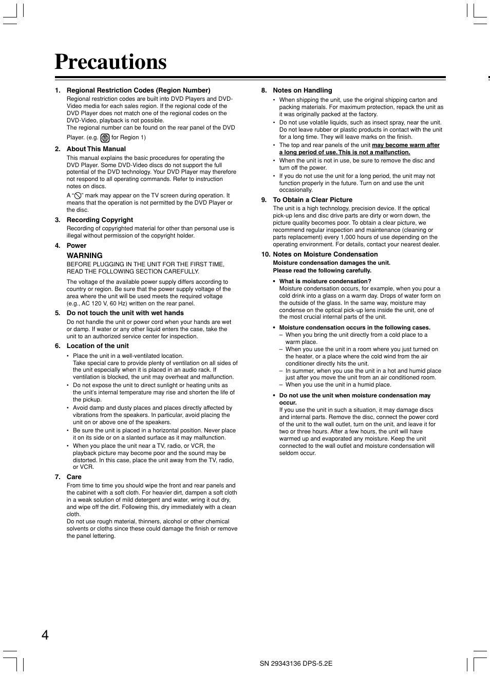 Precautions | Integra DPS-5.2 User Manual | Page 4 / 60