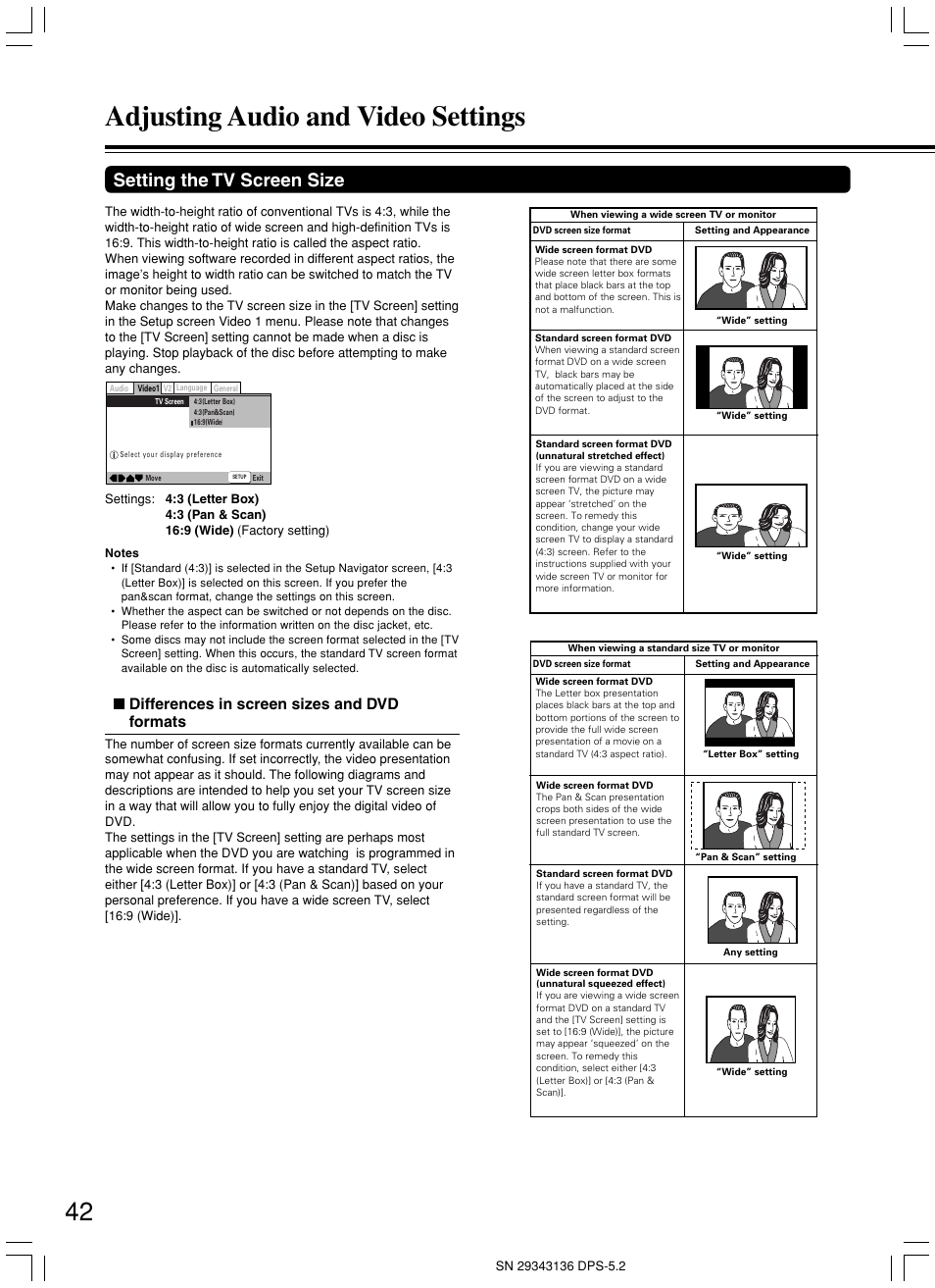 Adjusting audio and video settings, Setting the tv screen size, Differences in screen sizes and dvd formats | Integra DPS-5.2 User Manual | Page 42 / 60