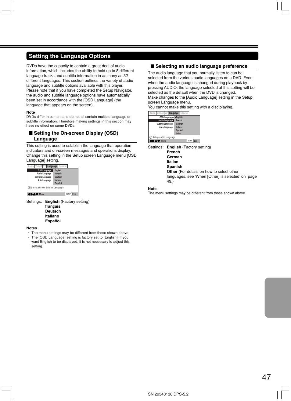 Setting the language options, Setting the on-screen display (osd) language, Selecting an audio language preference | Integra DPS-5.2 User Manual | Page 47 / 60