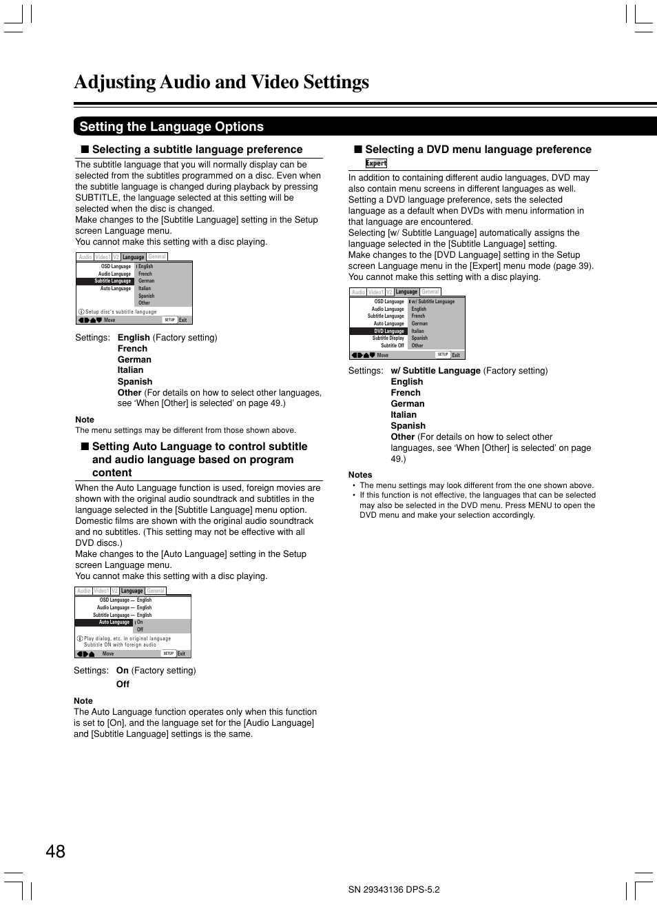 Adjusting audio and video settings, Setting the language options, Selecting a subtitle language preference | Selecting a dvd menu language preference | Integra DPS-5.2 User Manual | Page 48 / 60