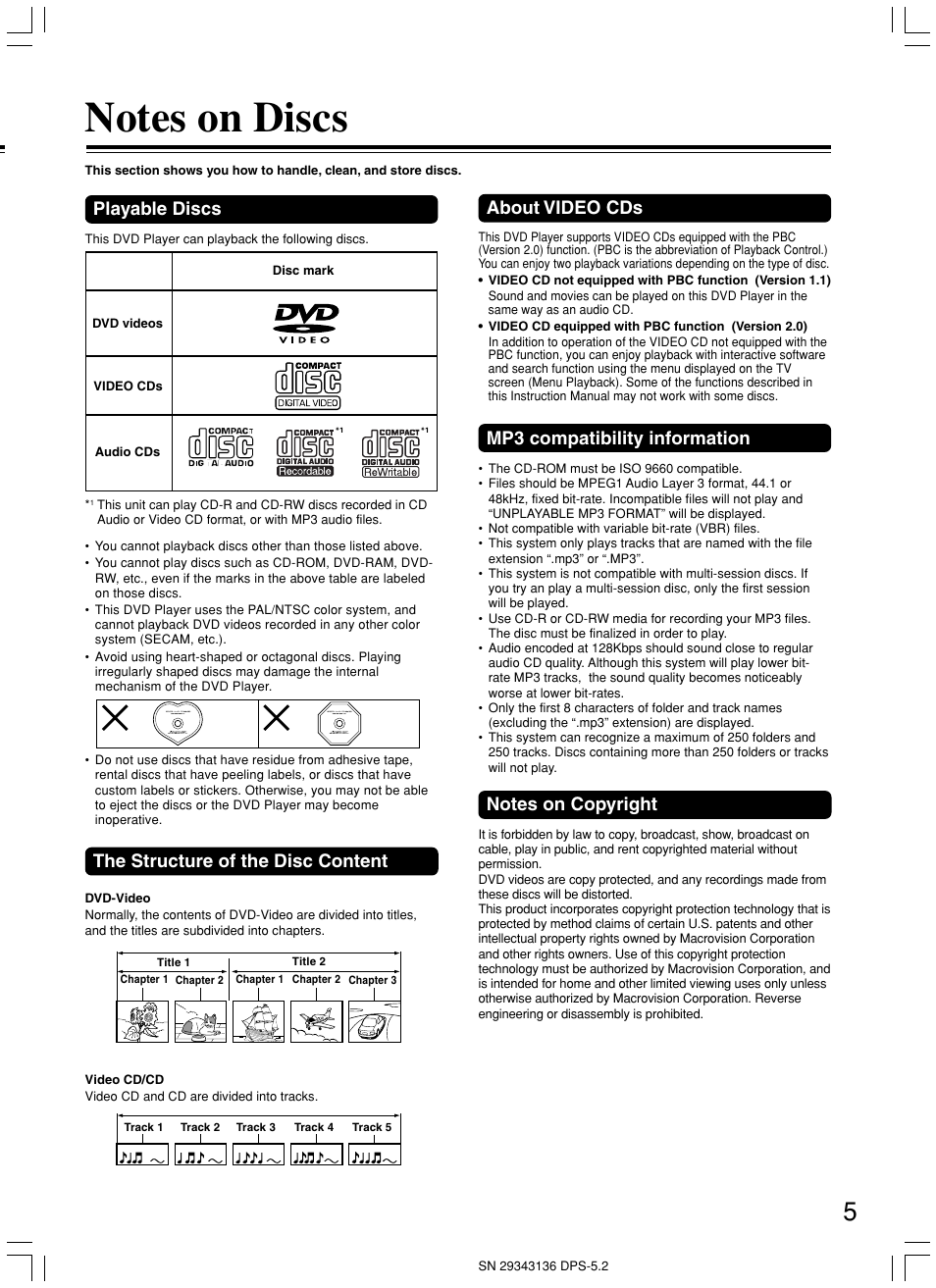 Playable discs, About video cds, Mp3 compatibility information | The structure of the disc content | Integra DPS-5.2 User Manual | Page 5 / 60