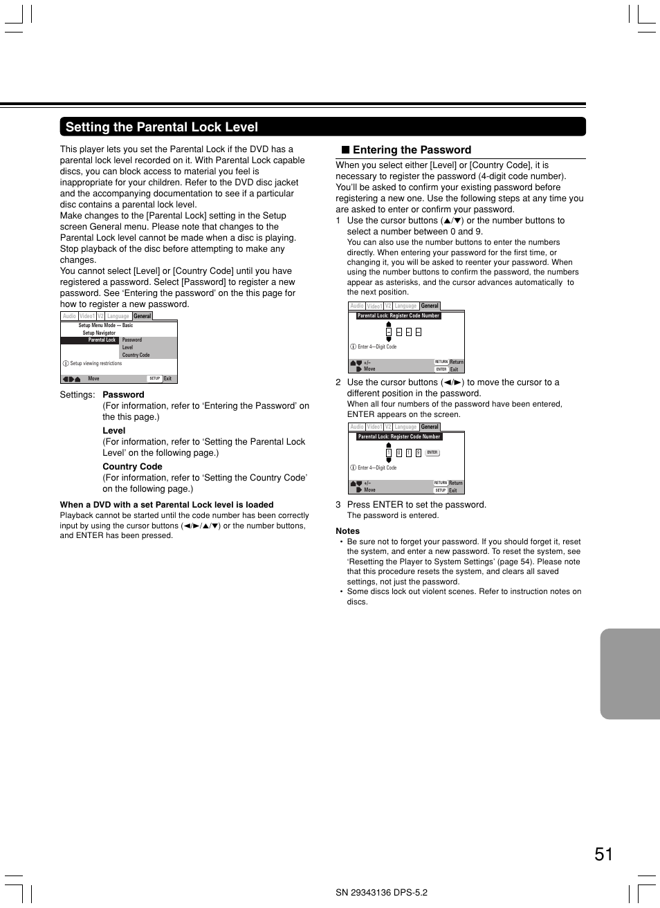 Setting the parental lock level, Entering the password | Integra DPS-5.2 User Manual | Page 51 / 60