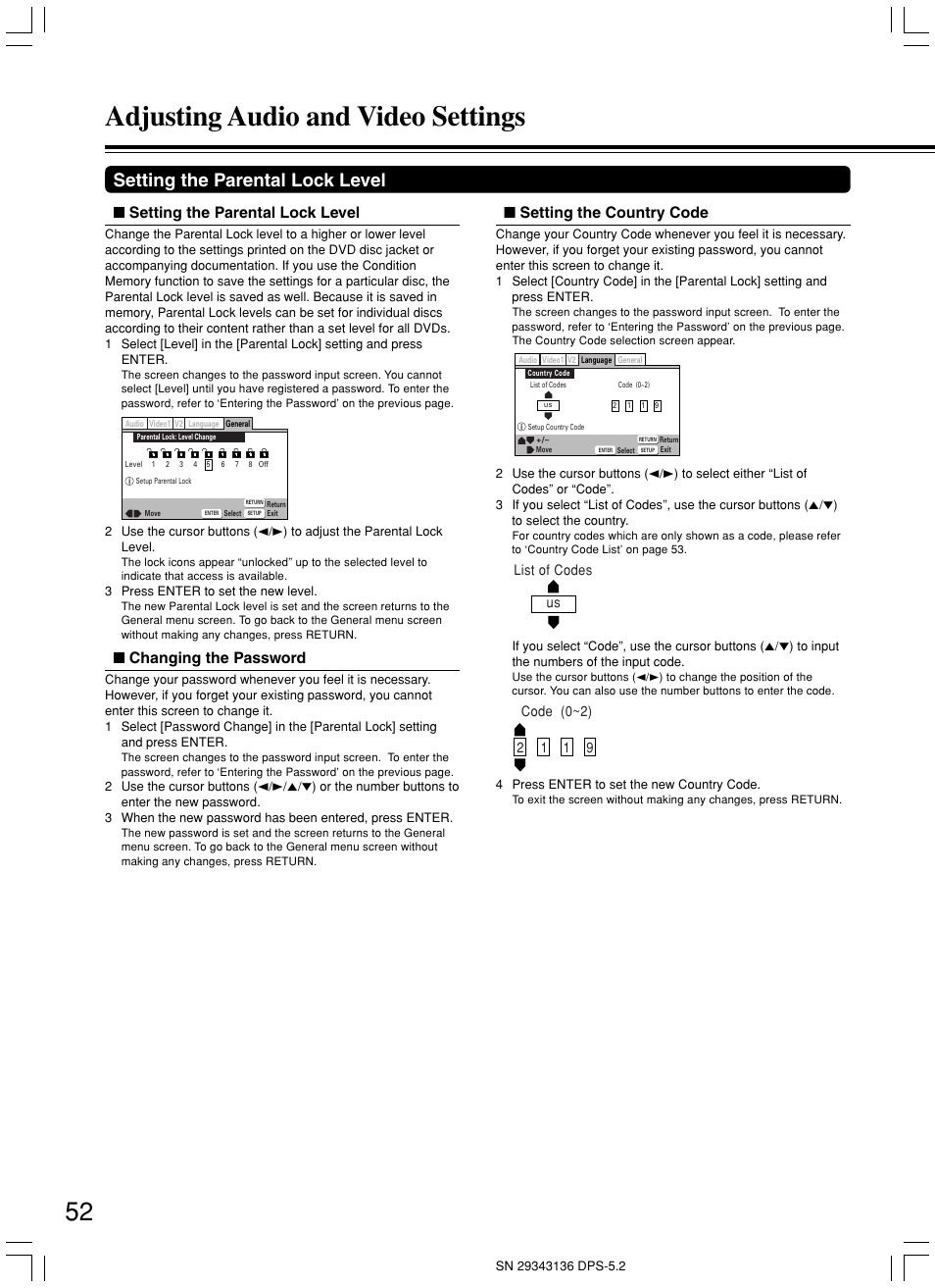 Adjusting audio and video settings, Setting the parental lock level, Changing the password | Setting the country code | Integra DPS-5.2 User Manual | Page 52 / 60