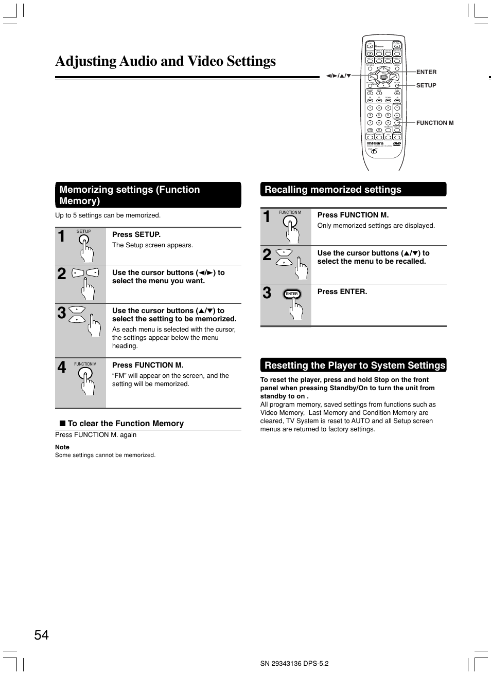 Adjusting audio and video settings, Resetting the player to system settings, Press setup | Press function m, The setup screen appears, Press function m. again | Integra DPS-5.2 User Manual | Page 54 / 60
