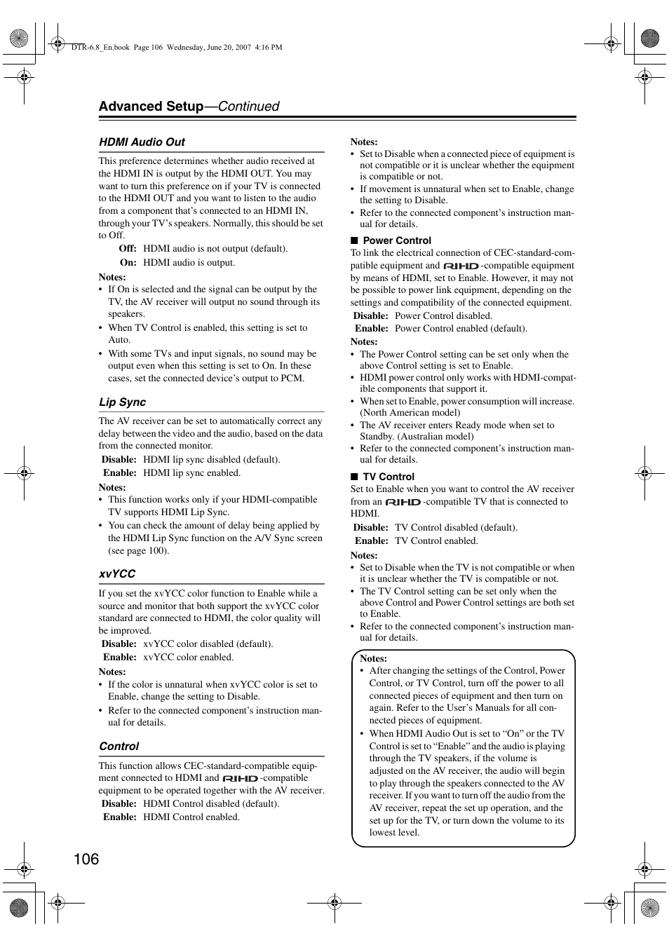Advanced setup —continued | Integra DTR-6.8 User Manual | Page 106 / 126