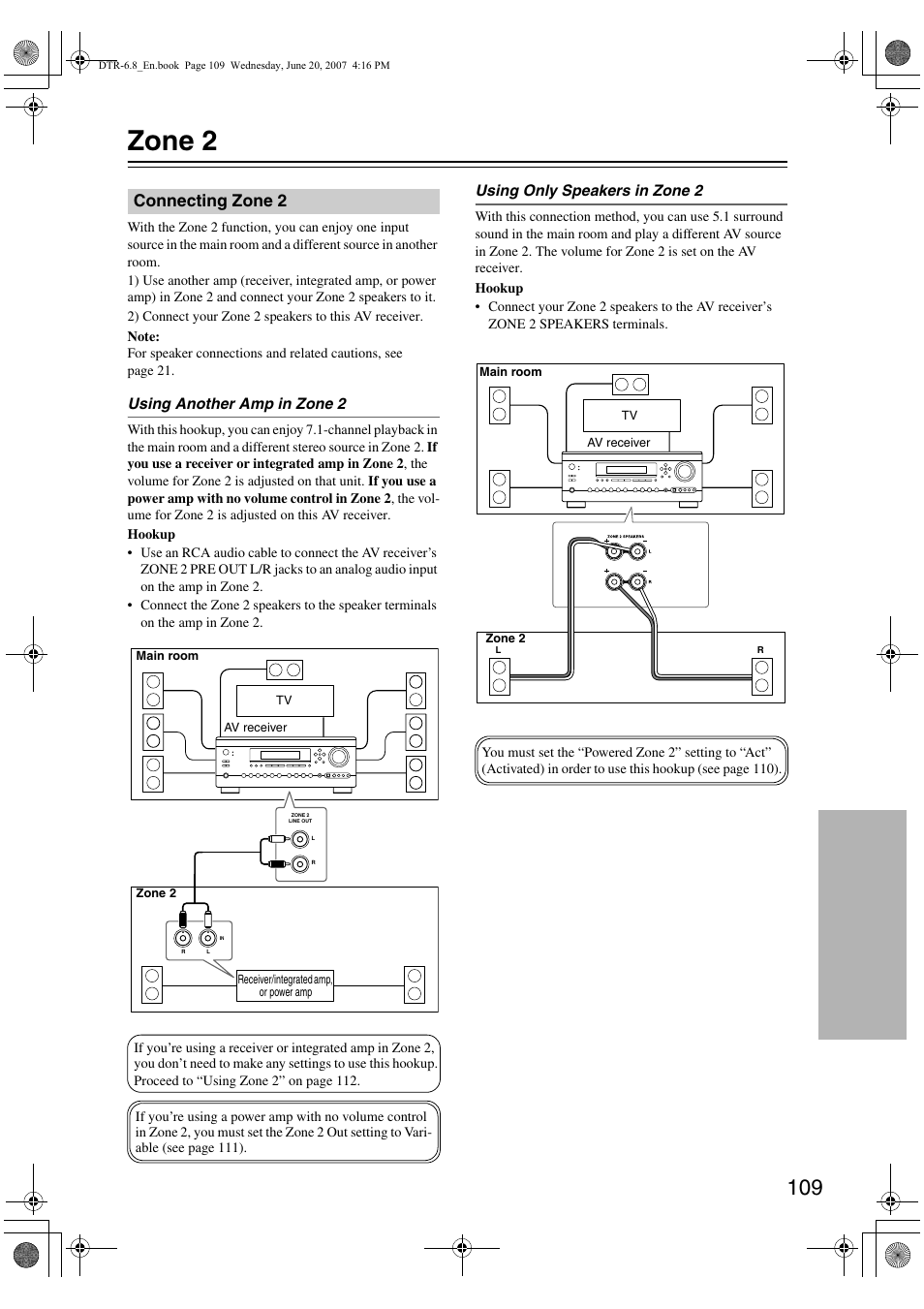Zone 2, Connecting zone 2 | Integra DTR-6.8 User Manual | Page 109 / 126