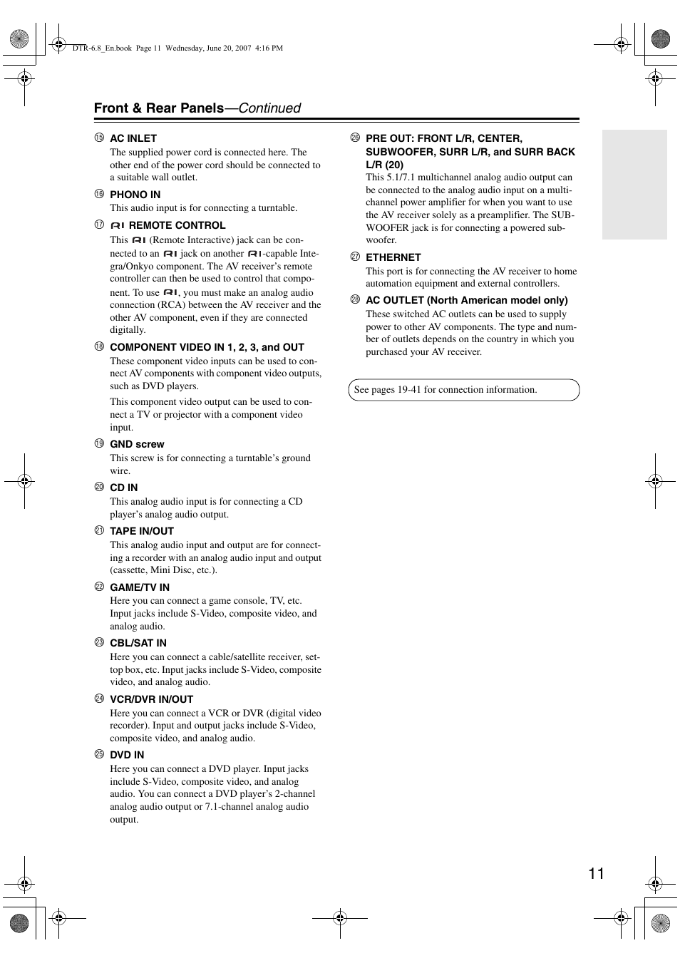 Front & rear panels —continued | Integra DTR-6.8 User Manual | Page 11 / 126