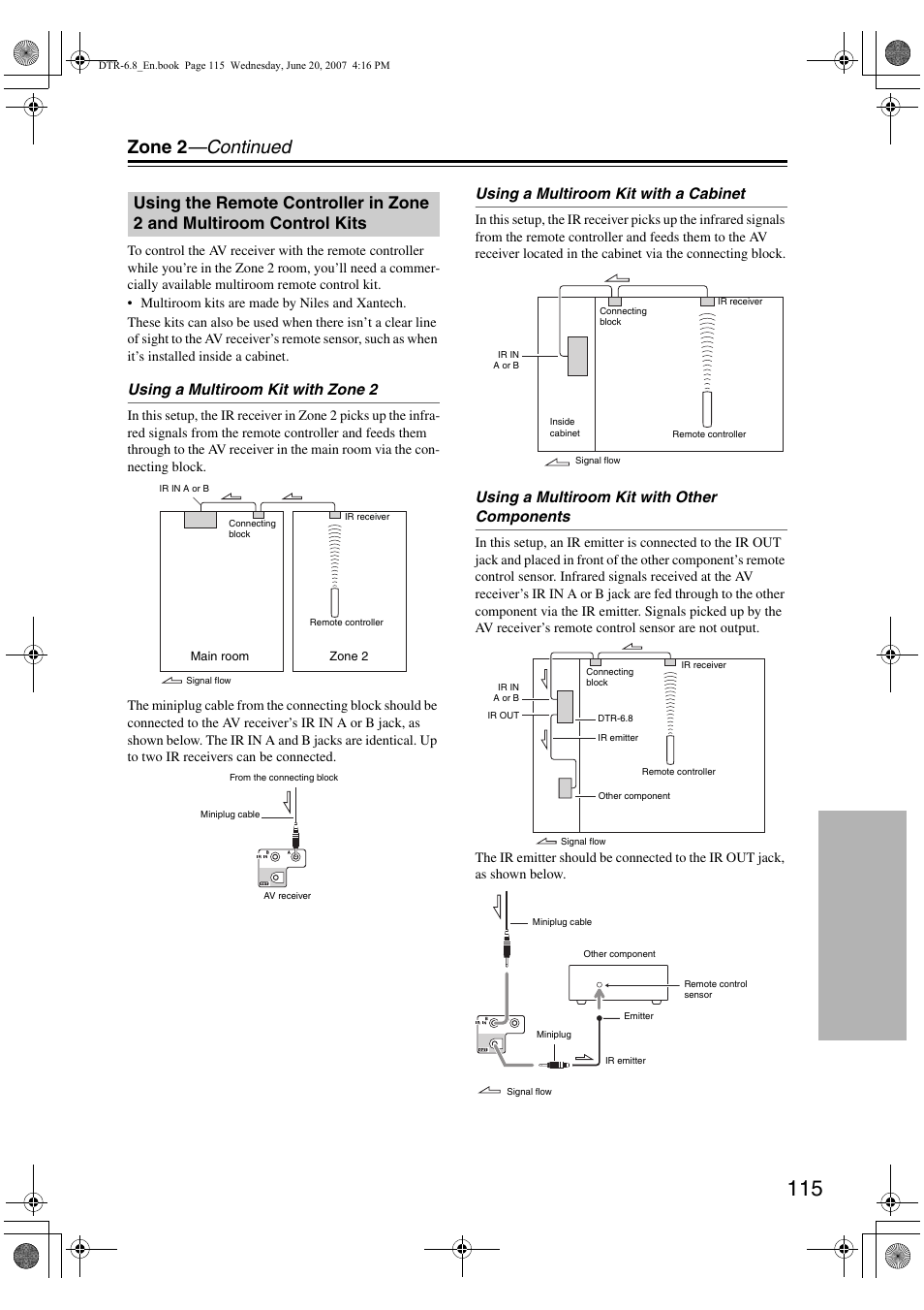 Zone 2 —continued, Using a multiroom kit with zone 2, Using a multiroom kit with a cabinet | Using a multiroom kit with other components | Integra DTR-6.8 User Manual | Page 115 / 126