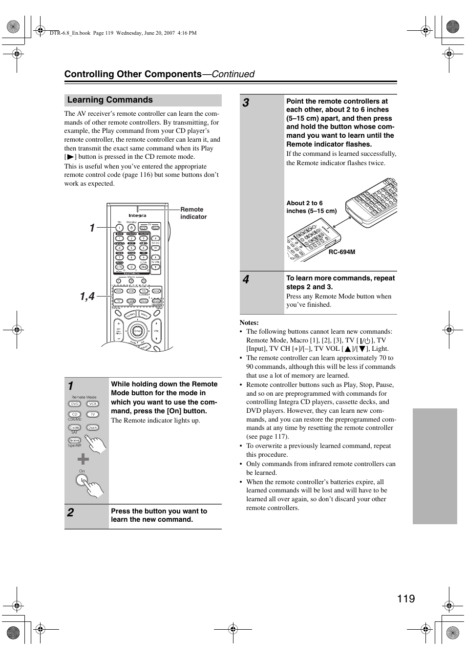 Controlling other components —continued, Learning commands, Press the button you want to learn the new command | Remote indicator | Integra DTR-6.8 User Manual | Page 119 / 126