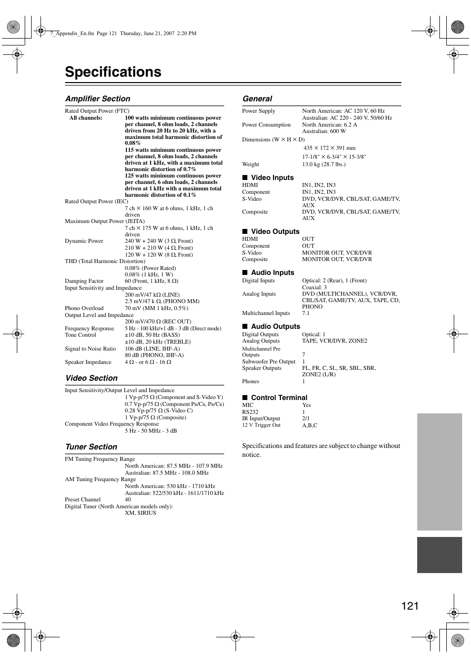 Specifications | Integra DTR-6.8 User Manual | Page 121 / 126