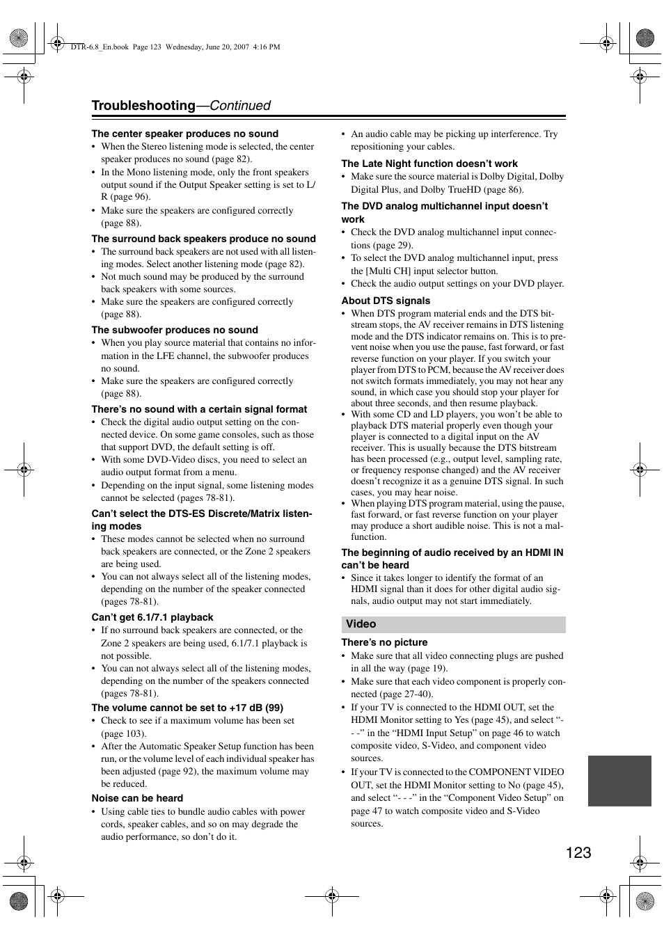 Troubleshooting —continued | Integra DTR-6.8 User Manual | Page 123 / 126