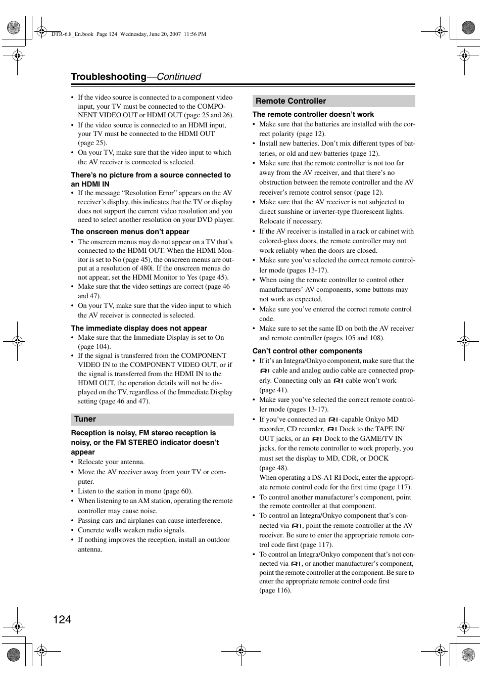 Troubleshooting —continued | Integra DTR-6.8 User Manual | Page 124 / 126