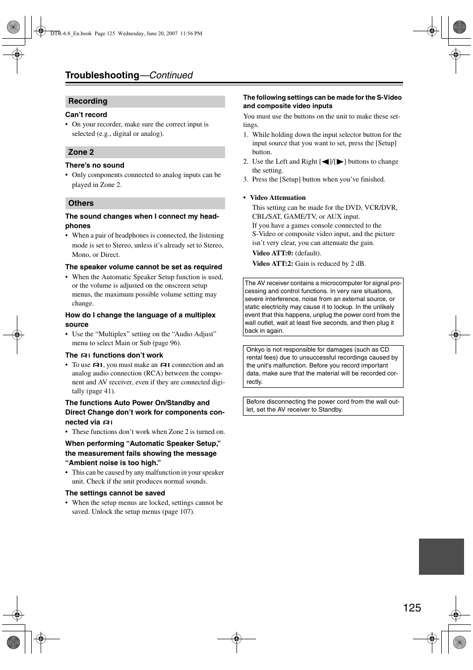 Troubleshooting —continued | Integra DTR-6.8 User Manual | Page 125 / 126
