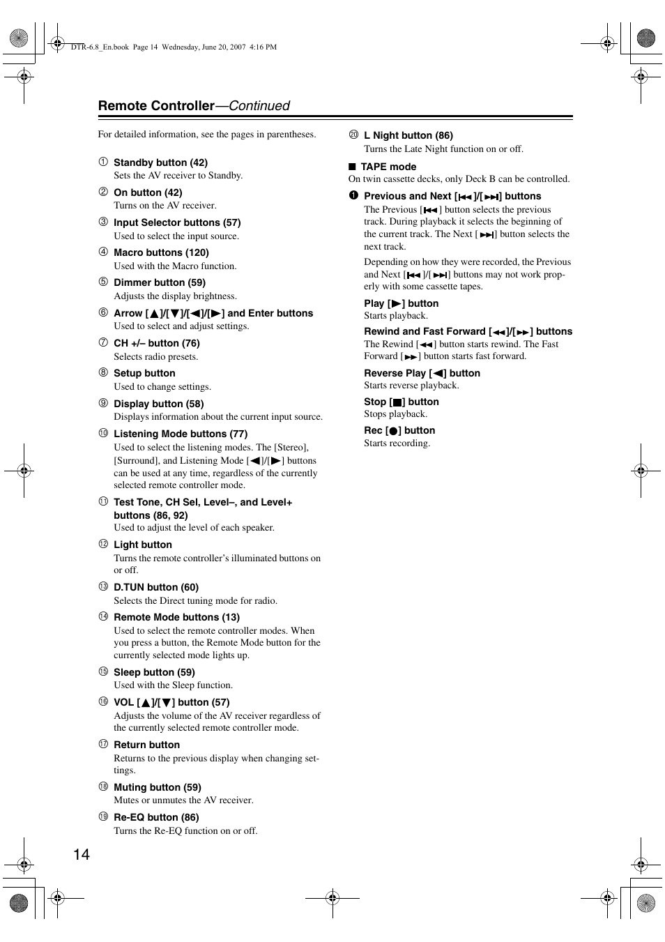 Remote controller —continued | Integra DTR-6.8 User Manual | Page 14 / 126