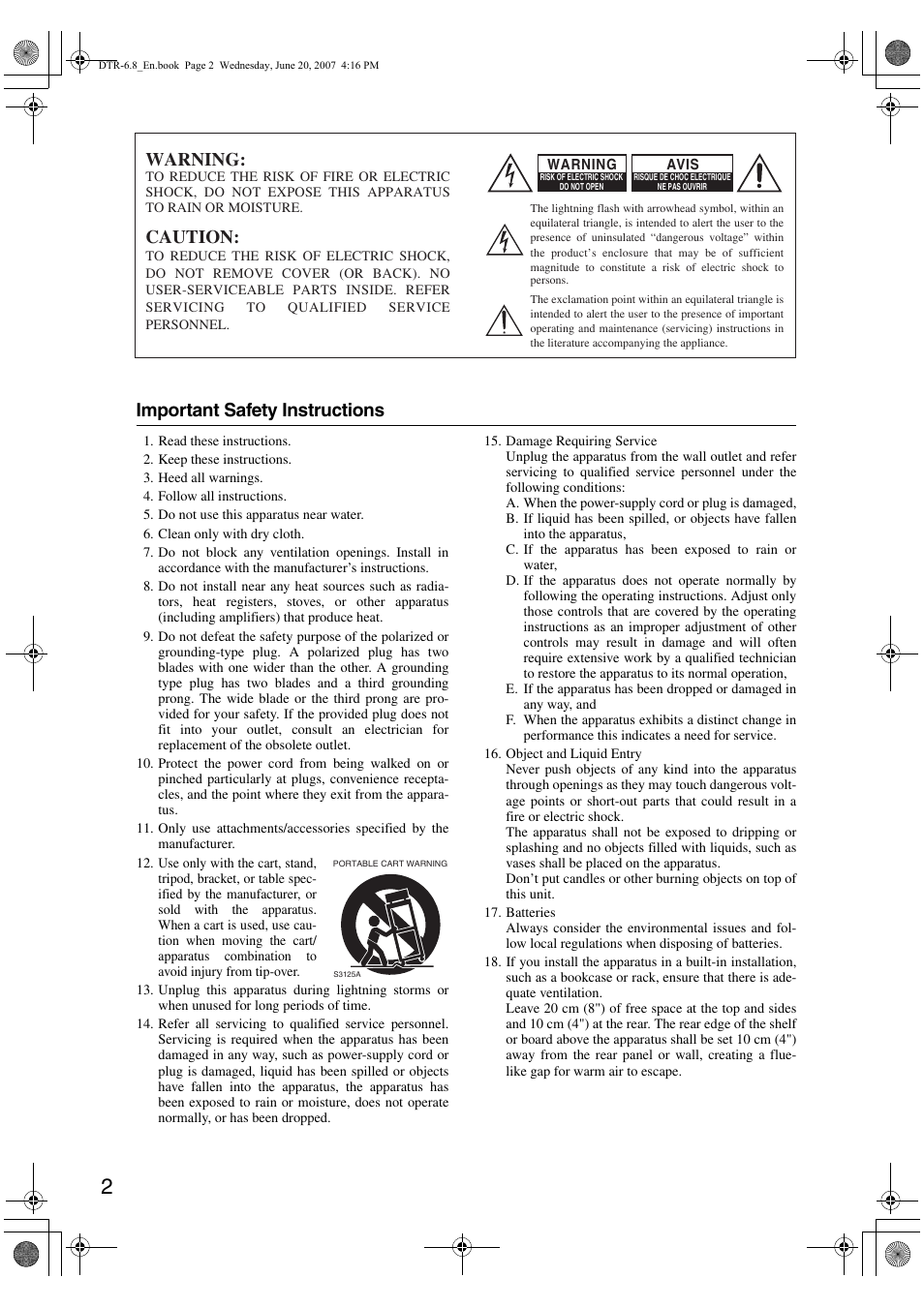 Important safety instructions, Warning, Caution | Integra DTR-6.8 User Manual | Page 2 / 126