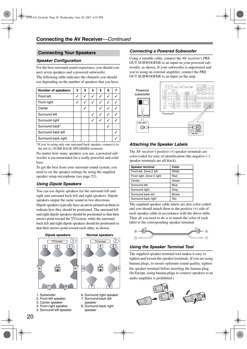 Connecting the av receiver —continued, Connecting your speakers | Integra DTR-6.8 User Manual | Page 20 / 126