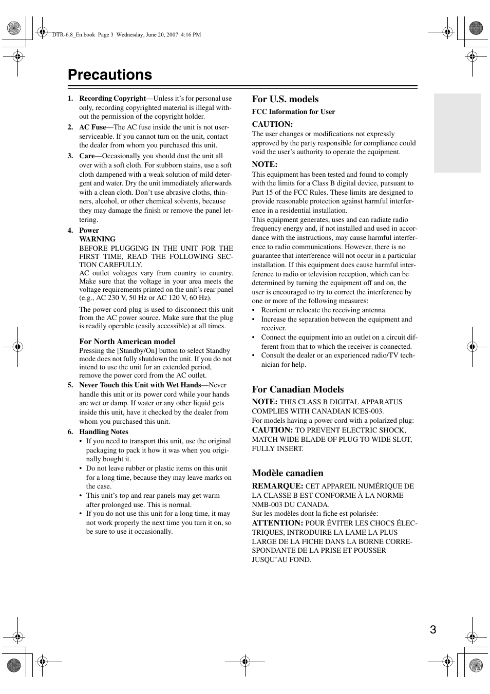 Precautions, For u.s. models, For canadian models | Modèle canadien | Integra DTR-6.8 User Manual | Page 3 / 126