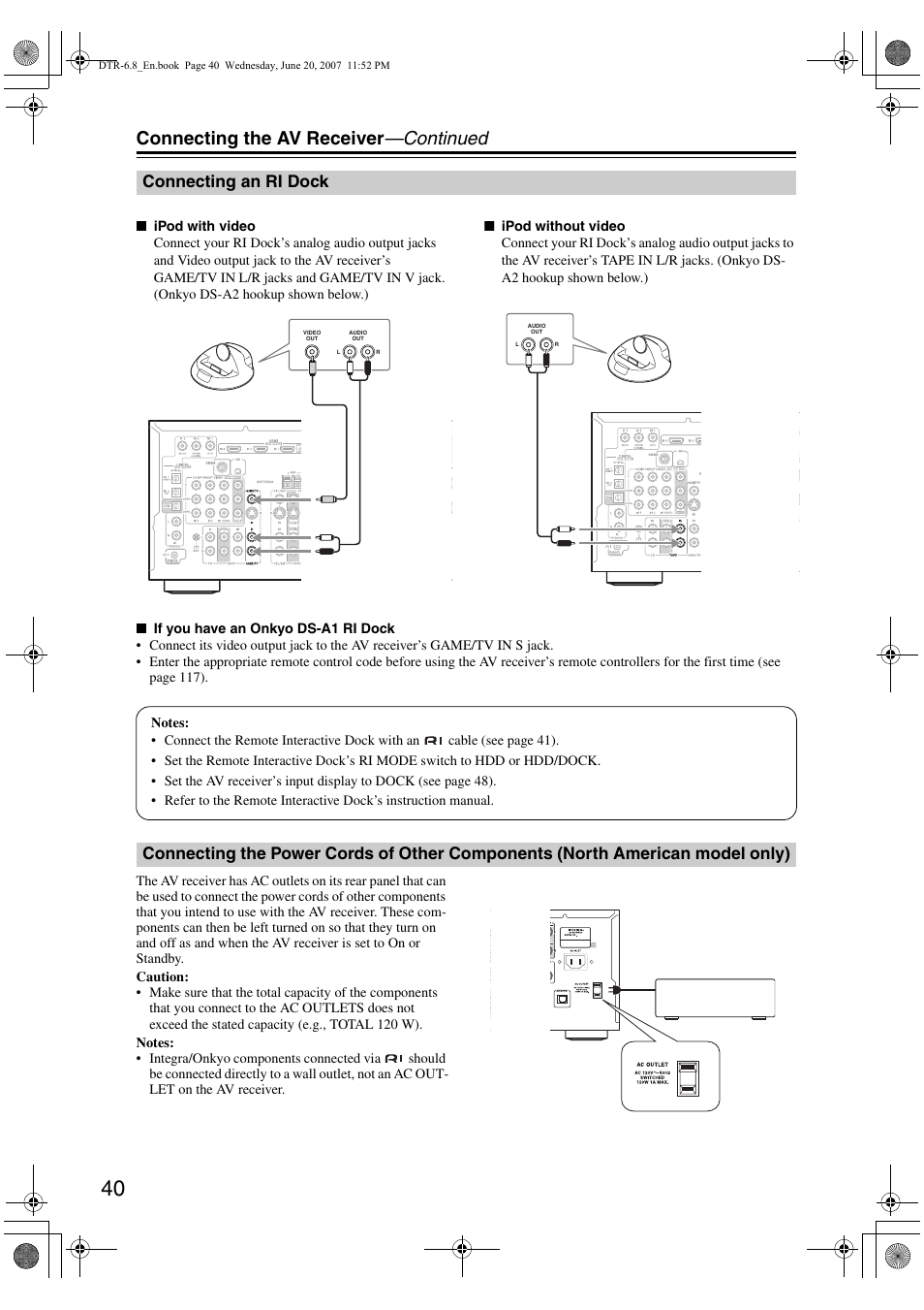 Connecting the av receiver —continued, Connecting an ri dock | Integra DTR-6.8 User Manual | Page 40 / 126