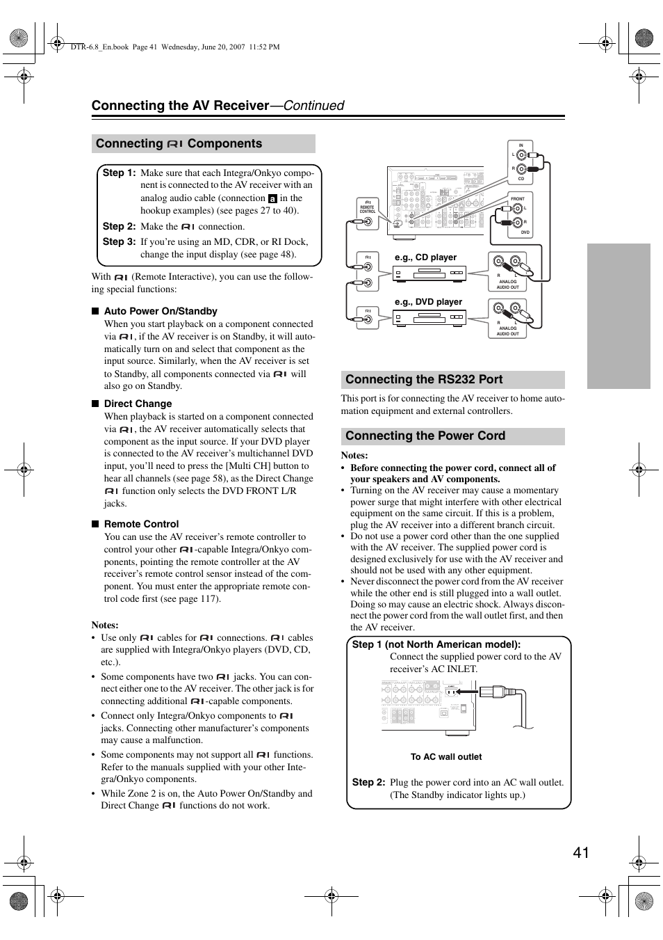 Connecting the av receiver —continued, Connecting components | Integra DTR-6.8 User Manual | Page 41 / 126