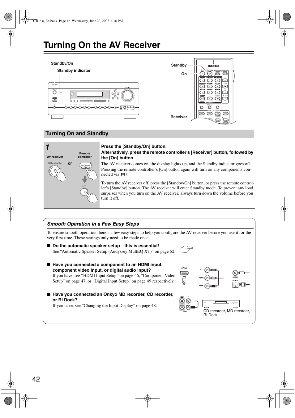 Turning on the av receiver, Turning on and standby | Integra DTR-6.8 User Manual | Page 42 / 126