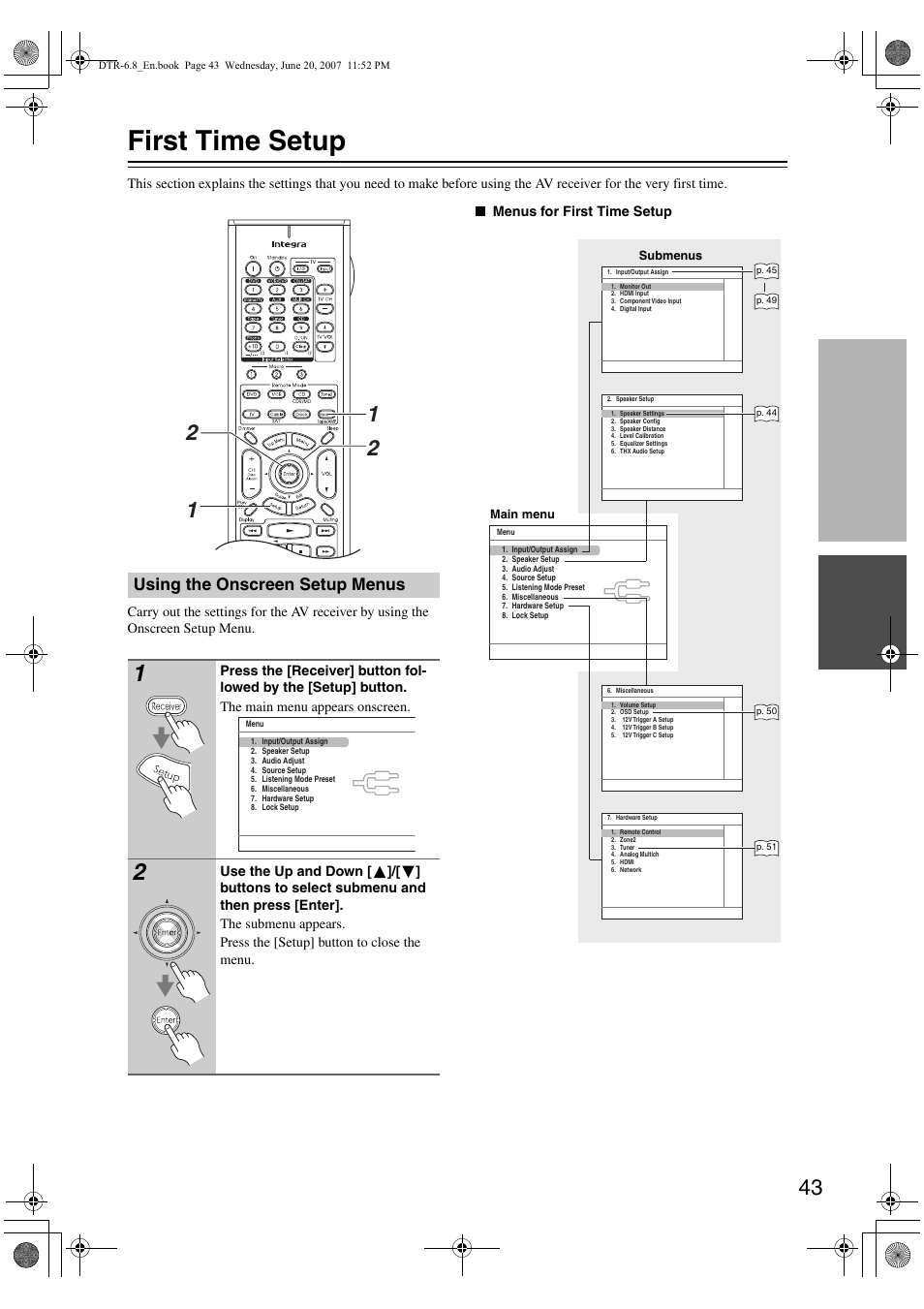 First time setup, Using the onscreen setup menus | Integra DTR-6.8 User Manual | Page 43 / 126