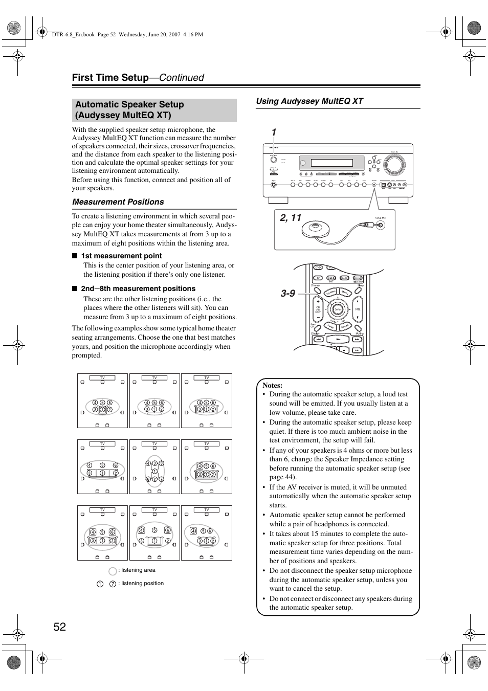 First time setup —continued, Automatic speaker setup (audyssey multeq xt) | Integra DTR-6.8 User Manual | Page 52 / 126