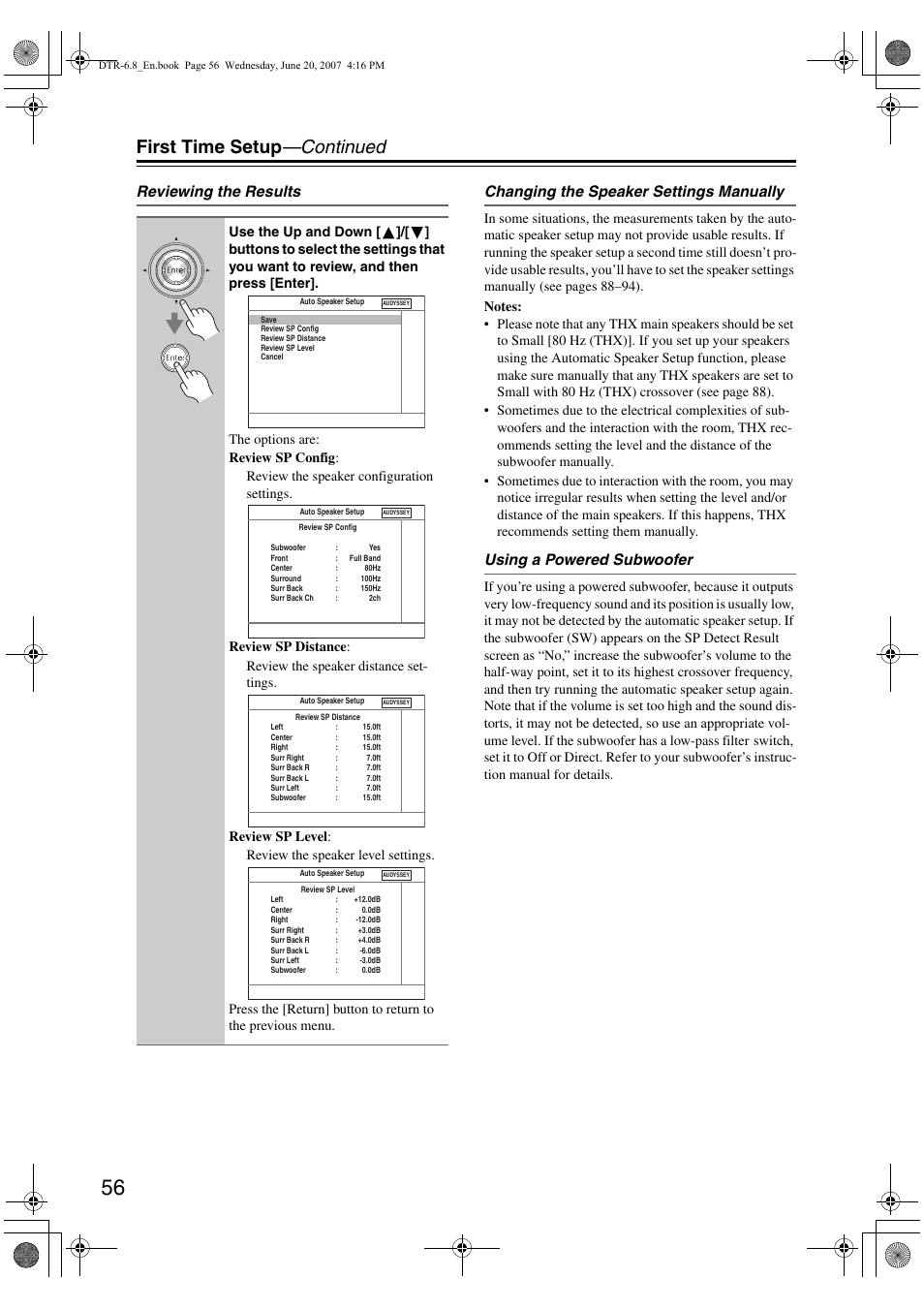 First time setup —continued, Using a powered subwoofer | Integra DTR-6.8 User Manual | Page 56 / 126