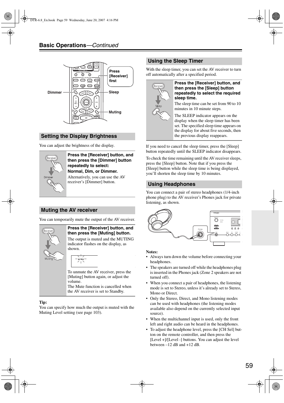 Basic operations —continued | Integra DTR-6.8 User Manual | Page 59 / 126