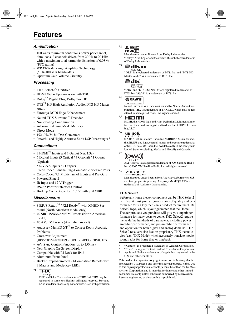 Features | Integra DTR-6.8 User Manual | Page 6 / 126