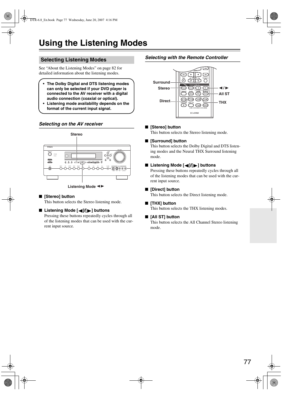 Using the listening modes | Integra DTR-6.8 User Manual | Page 77 / 126